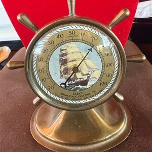 ANTIQUE BRASS DESK THERMOMETER SHIPS WHEEL DESIGN